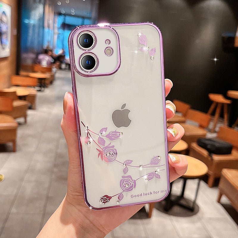 Pro iPhone 12 6,1 palcový tenký květinový vzor Zadní kryt telefonu odolný proti upuštění Dekor z drahokamu Měkké galvanické pokovování TPU Pouzdro na telefon odolné proti poškrábání – modré Pro iPhone 12 6,1 palcový tenký květinový vzor Zadní kryt telefonu odolný proti upuštění Dekor z drahokamu Měkké galvanické pokovování TPU Pouzdro na telefon odolné proti poškrábání – modré